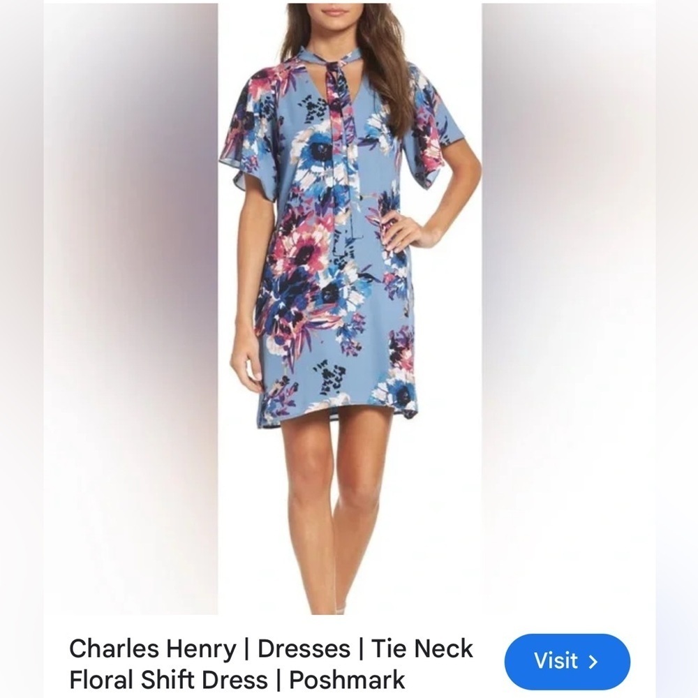 Nordstrom Charles Henry tie neck,floral shift dress. Med,Blue,EC